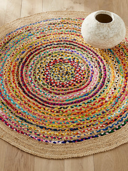 Farmhouse Jute Natural Round Area Rug, Round Chindi Rag Rug