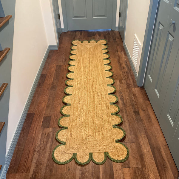 Green Jute Scalloped Runner Rugs 3'x16' Hemp Jute Scallop Rug for Bedroom 4'x6'