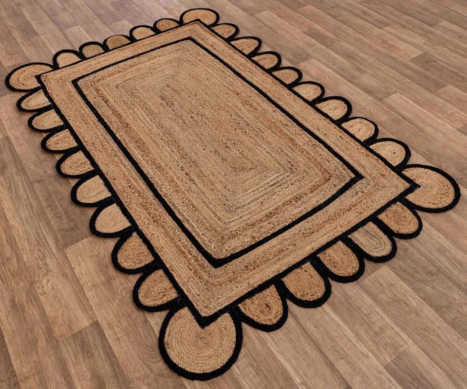 Handwoven Jute Doormat 2'x3' Scalloped Jute Rug for Living Room 10'x14'