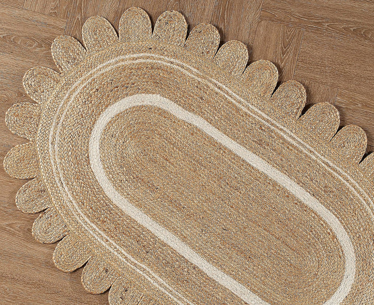 Hemp Jute Oval Rug for Dining Room Scalloped Pattern Oval Rug Braided Doormat