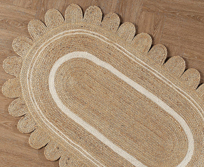 Hemp Jute Oval Rug for Dining Room Scalloped Pattern Oval Rug Braided Doormat