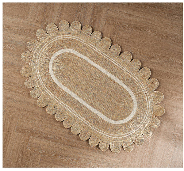 Hemp Jute Oval Rug for Dining Room Scalloped Pattern Oval Rug Braided Doormat