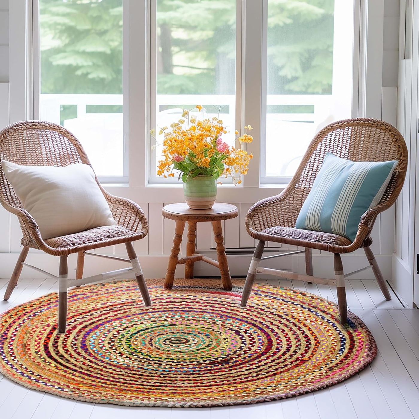 Jute Round Geometric Area Rug Multi chindi round rug Rag Rug