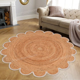 Jute Scallop Round Rug, Scalloped Edge Rug Braided Boho Circular Handmade Area Rugs