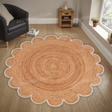 Jute Scallop Round Rug, Scalloped Edge Rug Braided Boho Circular Handmade Area Rugs