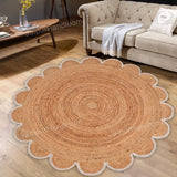 Jute Scallop Round Rug, Scalloped Edge Rug Braided Boho Circular Handmade Area Rugs