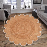 Jute Scallop Round Rug, Scalloped Edge Rug Braided Boho Circular Handmade Area Rugs