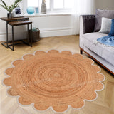 Jute Scallop Round Rug, Scalloped Edge Rug Braided Boho Circular Handmade Area Rugs