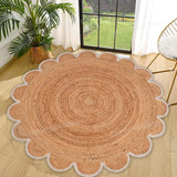 Jute Scallop Round Rug, Scalloped Edge Rug Braided Boho Circular Handmade Area Rugs