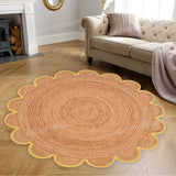 Jute Scallop Round Rug, Scalloped Edge Rug Braided Boho Circular Handmade Area Rugs