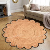 Jute Scallop Round Rug, Scalloped Edge Rug Braided Boho Circular Handmade Area Rugs