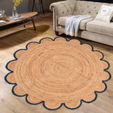 Jute Scallop Round Rug, Scalloped Edge Rug Braided Boho Circular Handmade Area Rugs