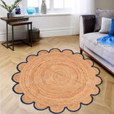 Jute Scallop Round Rug, Scalloped Edge Rug Braided Boho Circular Handmade Area Rugs