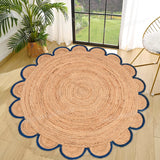 Jute Scallop Round Rug, Scalloped Edge Rug Braided Boho Circular Handmade Area Rugs