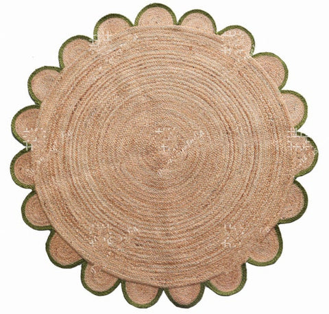 Jute Scallop Round Rug, Scalloped Edge Rug Braided Boho Circular Handmade Area Rugs