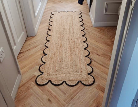 Low Pile Jute Runner for Hallway, Entryway / Braided Jute Scallop Runner for Kitchen