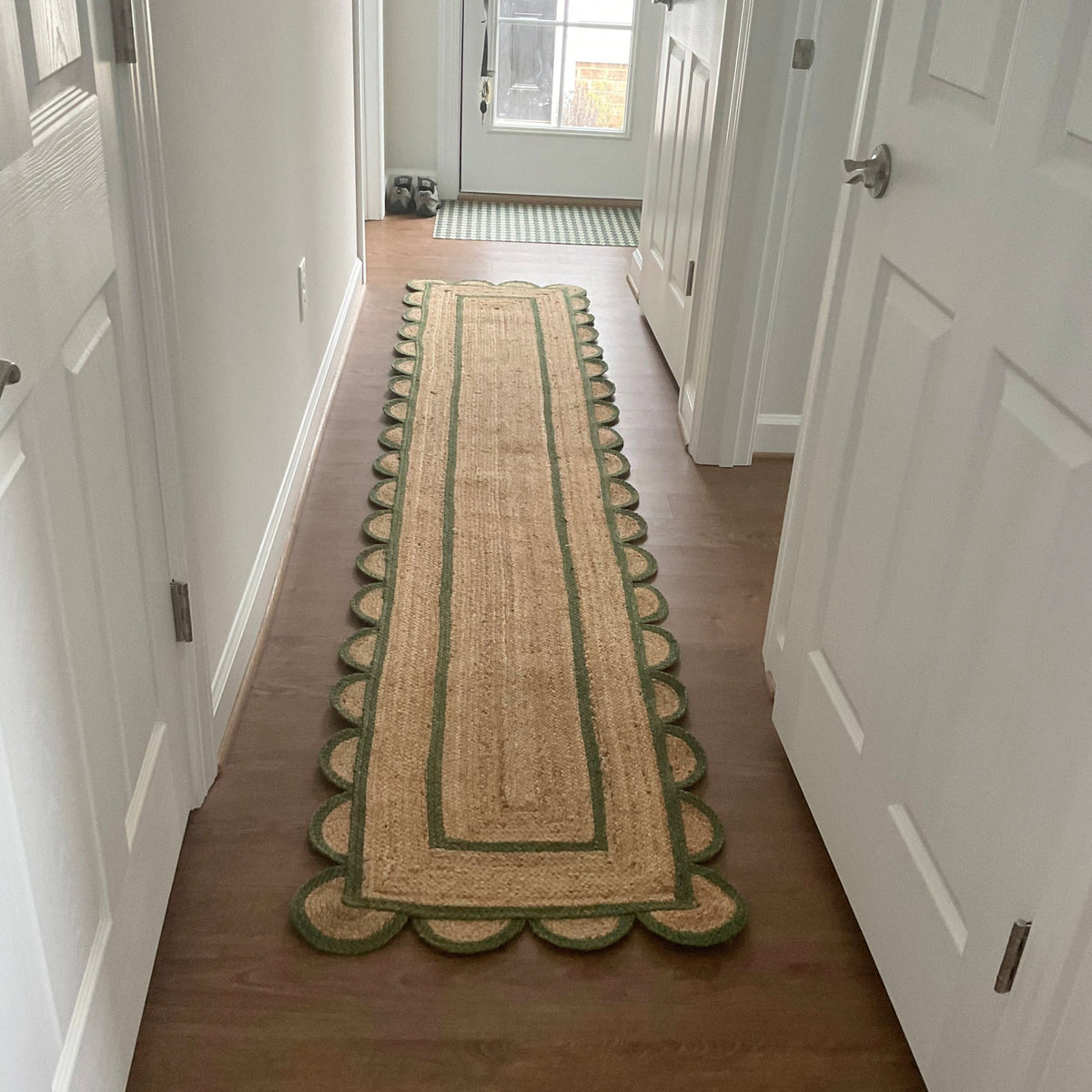 Mint Green Scalloped Jute Runner for Hallway, Entryway Hemp Scalloped Rug 8'x10'