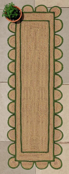 Mint Green Scalloped Jute Runner for Hallway, Entryway Hemp Scalloped Rug 8'x10'