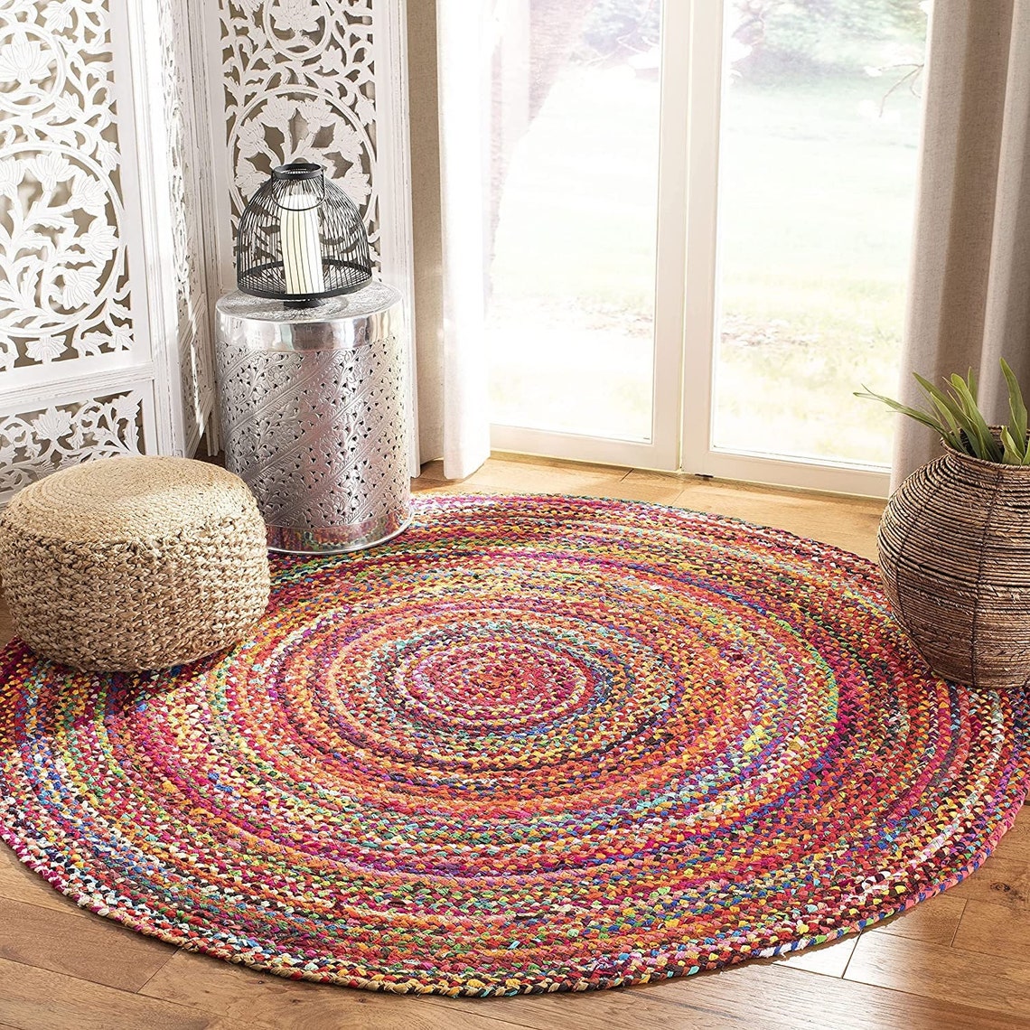 Natural Fiber Cotton Round Multi chindi Area Rug Round Rag Rug