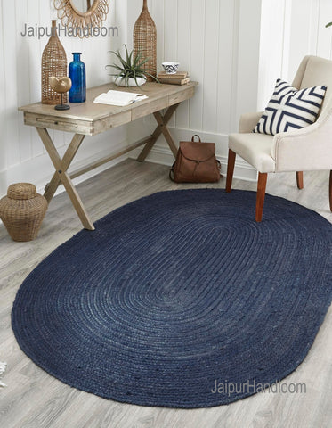 Navy Blue Oval Jute Rug 9X12 for Living Room Braided Seagrass Oval Carpet