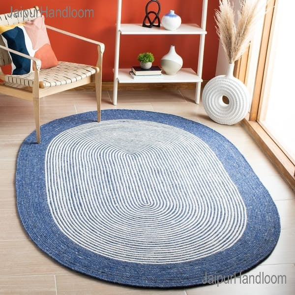 Navy Jute Oval Rug 5'x7' Custom Size Oval Rugs Braided Jute Oval Carpet