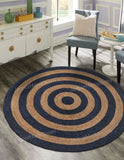 Navy Jute Round Rug 8'x8' for Living Room Braided Hemp Round Carpet 5'