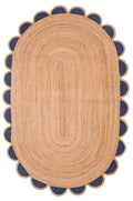 Navy Scalloped Jute Rug 5'x7' Oval Scallop Rug 10'x14' Oval Area Carpet for Bedroom