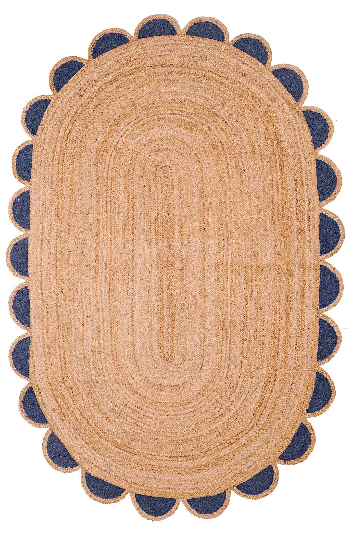 Navy Scalloped Jute Rug 5'x7' Oval Scallop Rug 10'x14' Oval Area Carpet for Bedroom