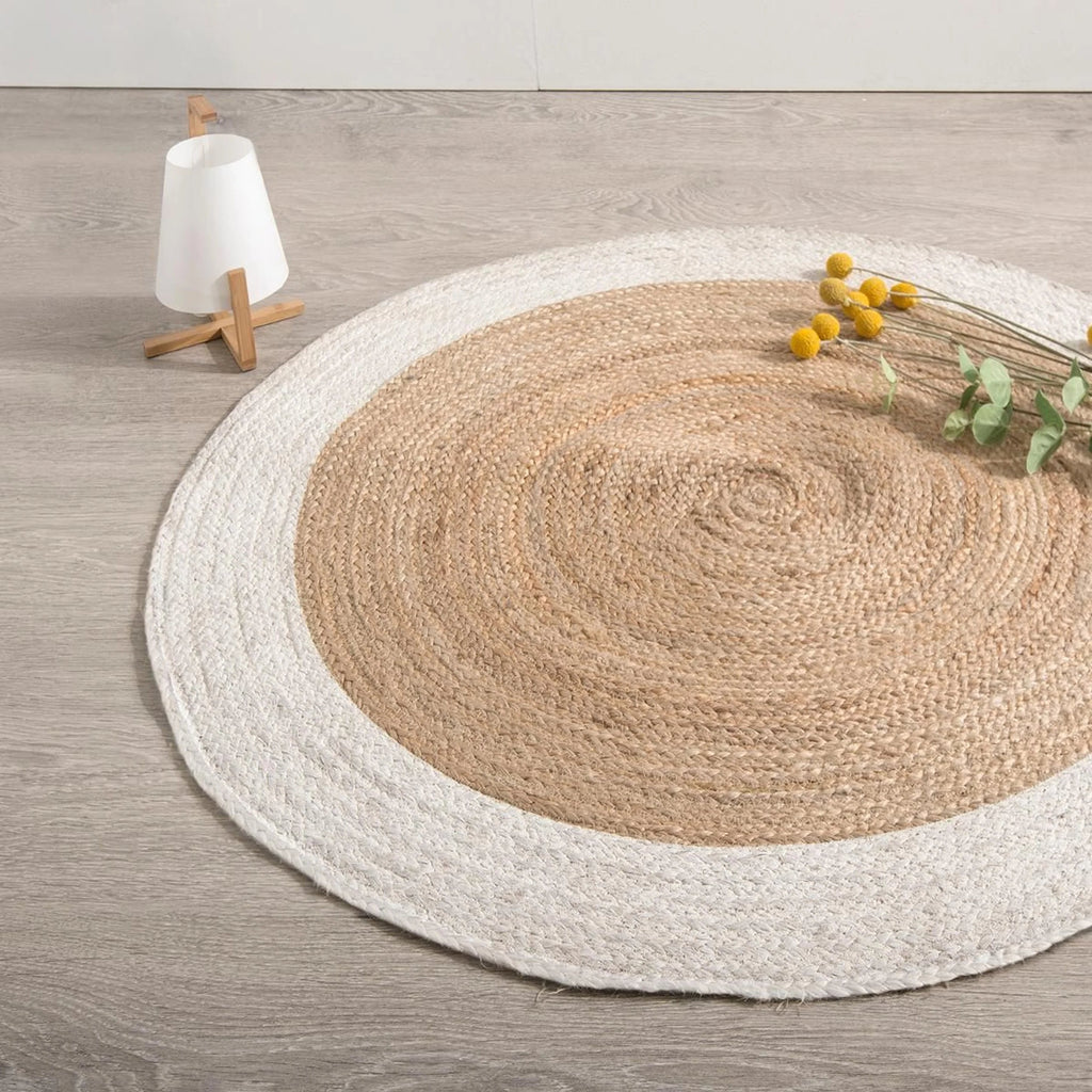 Off White Bordered Round Natural Jute Braided Circle 8