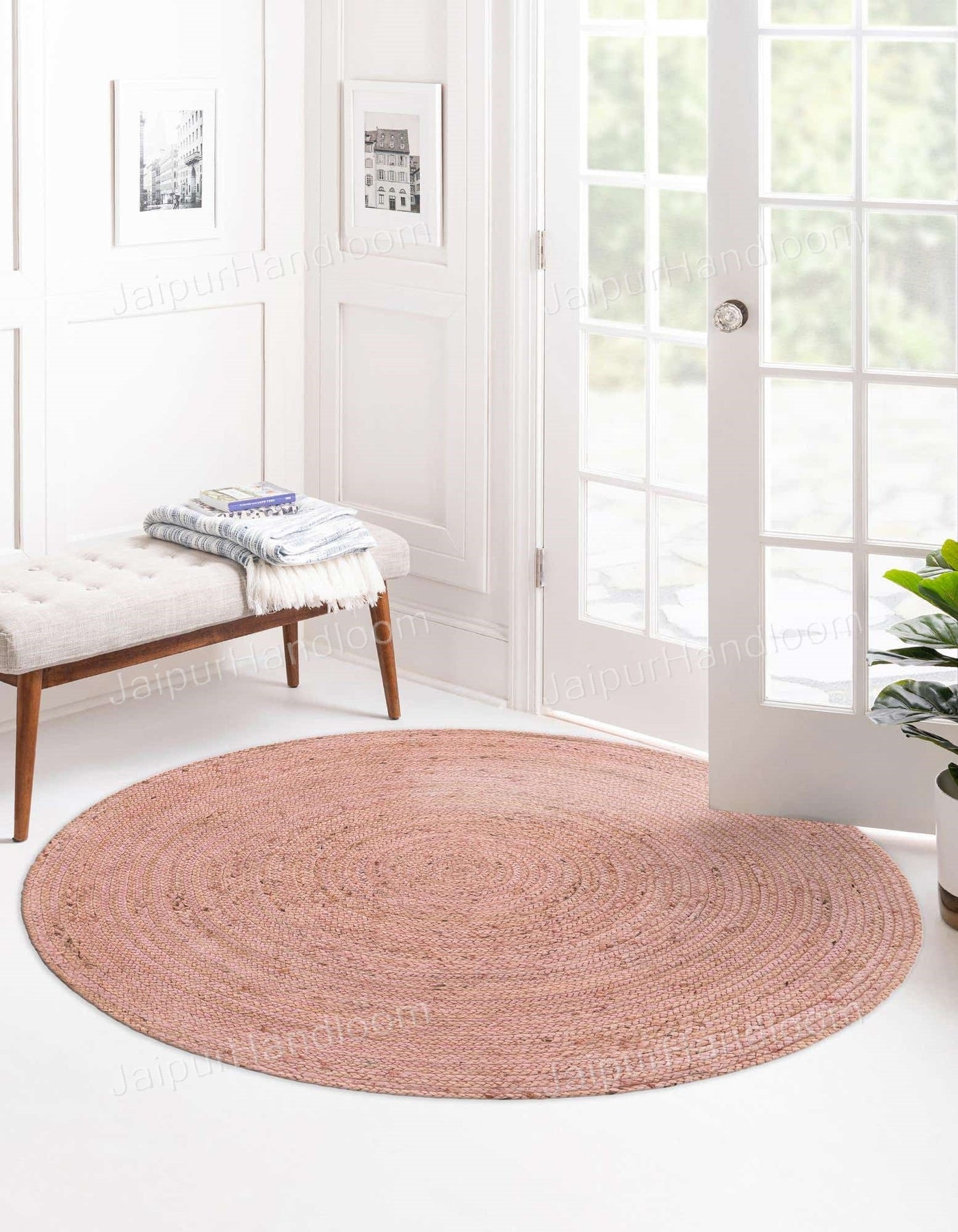 Pink Jute Round Rug for Dining Table 8', Braided Round Rug for Living Room