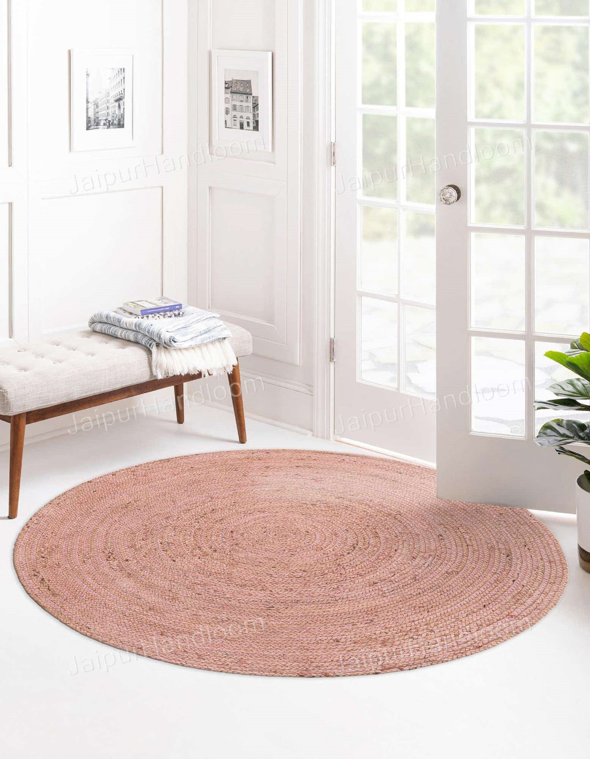 Pink Jute Round Rug for Dining Table 8', Braided Round Rug for Living Room
