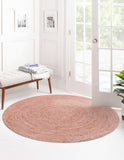 Pink Jute Round Rug for Dining Table 8', Braided Round Rug for Living Room