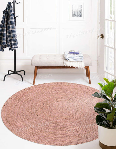 Pink Jute Round Rug for Dining Table 8', Braided Round Rug for Living Room