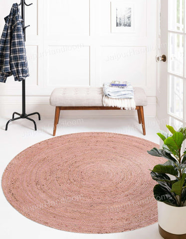 Pink Jute Round Rug for Dining Table 8', Braided Round Rug for Living Room