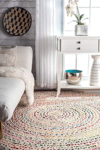 Recycled Cotton Boho white chindi Round Area Rug Round Rag Rug