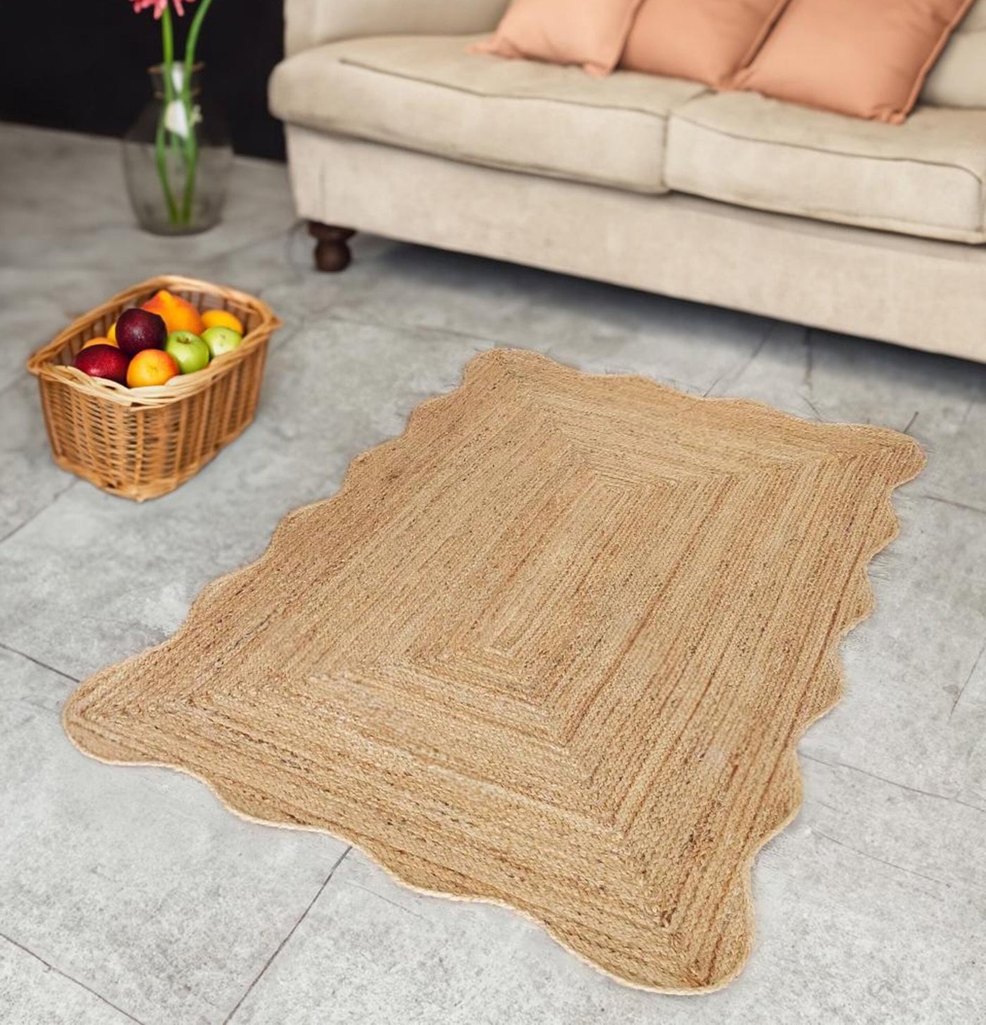 Scalloped Wavy Border Rug 12'x15' Seagrass Jute Scalloped Runner 2'x10' for Hallway