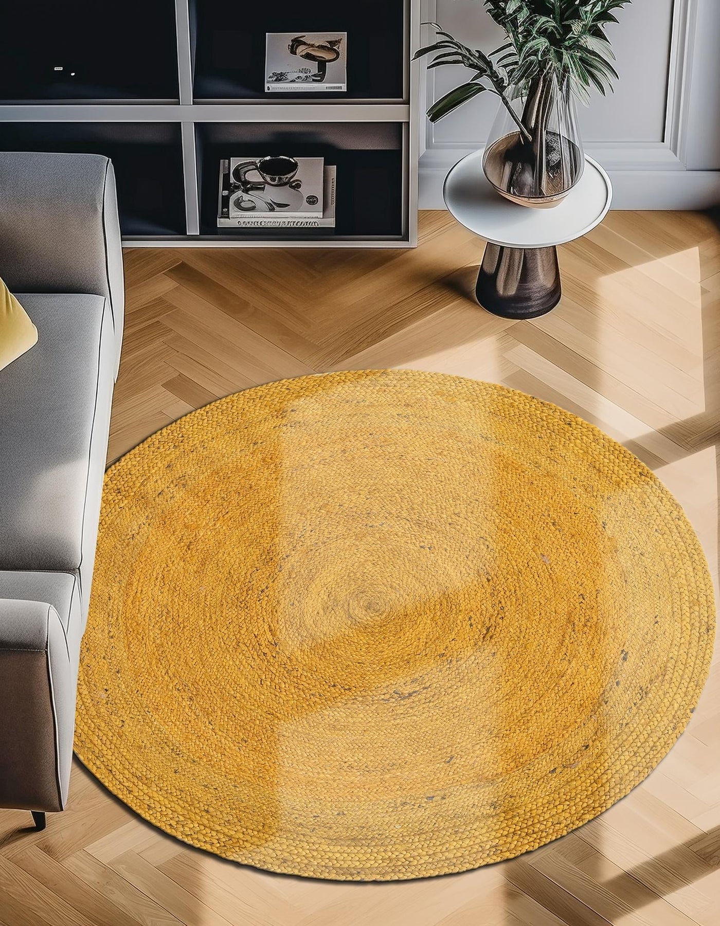 Solid Yellow Jute Round Area Rug for living room, farmhouse round jute rug