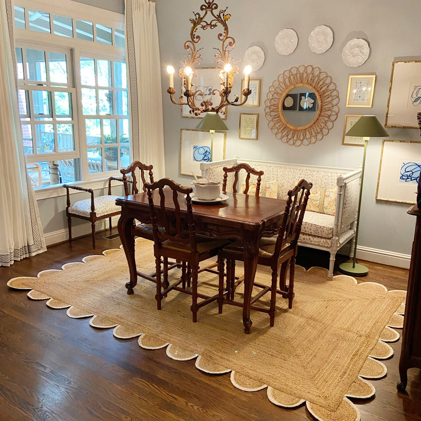 Square Area Rug 8'x8' for Dining Room Hemp Jute Scalloped Rug 5'x8' for Living Hall