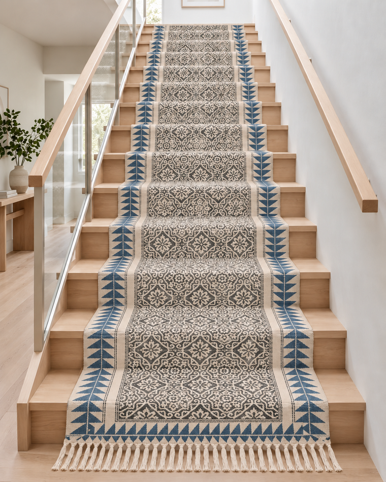 Block Printed Cotton Stair Runner Rug, Custom Size Stair Carpet Treads, Non Slip Stair Runner & Landing