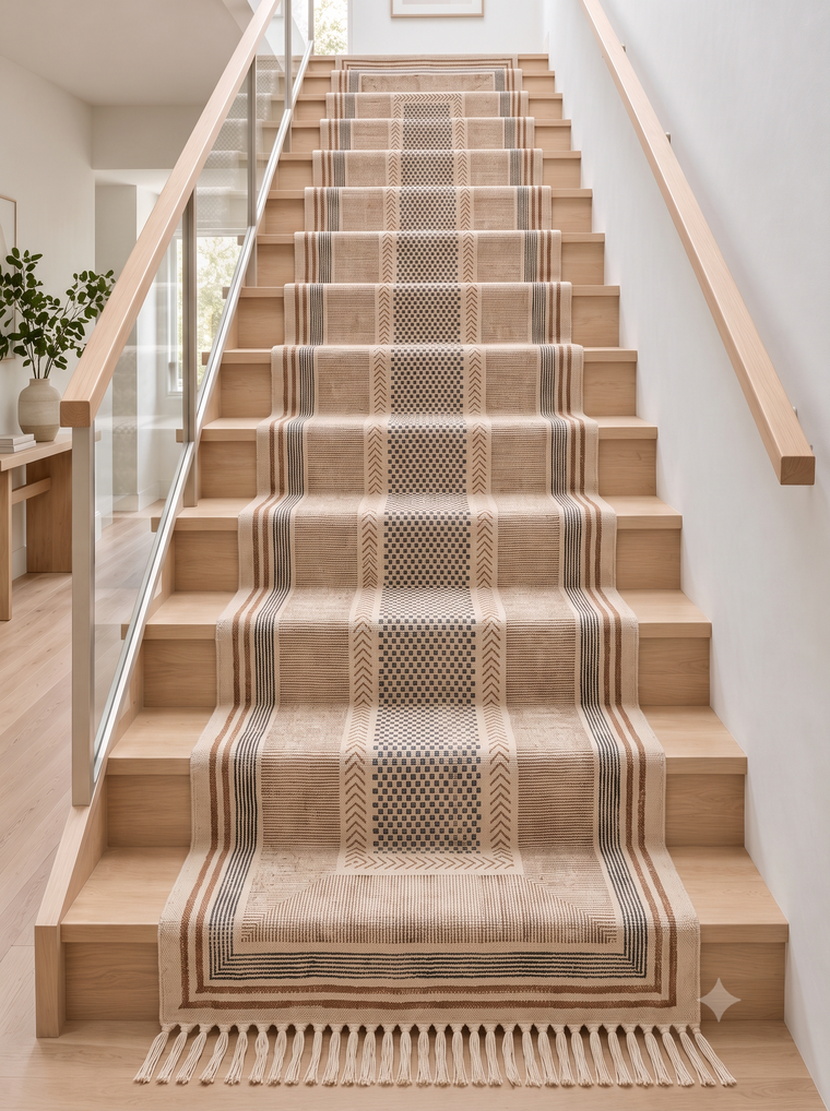 Custom Cotton Stair Tread with Stair Runner & Landing, Anti Slip Stair Runner, Washable Stair Runner Rug