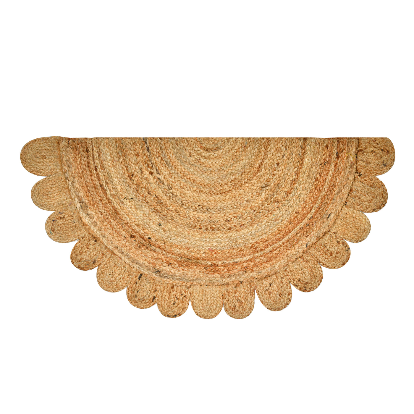 A semi-circular braided jute rug in natural tan and light brown tones, featuring a scalloped edge, shown against a plain white background.
