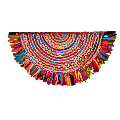 Multicolor Braided Chindi Half Moon Doormat, Half Round Cotton Rug for Front Door, Woven Kitchen Doormat