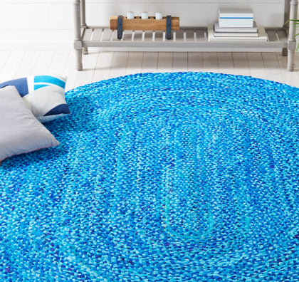 Blue Cotton Oval Rug for Living Room Braided Oval Area Rug 6'x8' for Bedroom