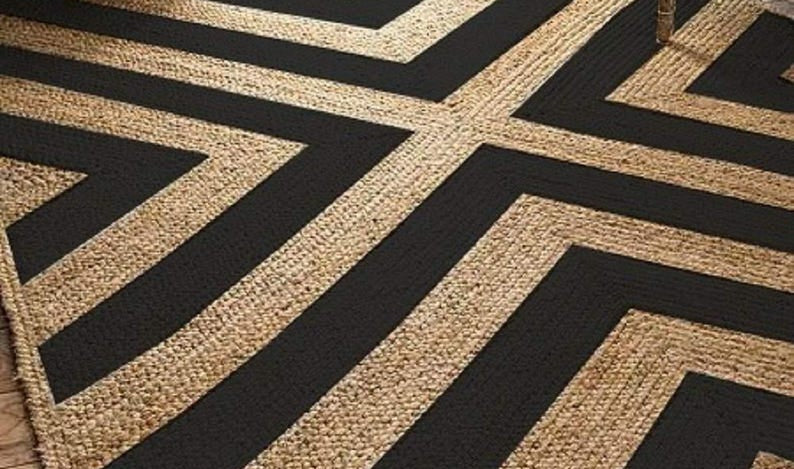 Black Area Rug, Large Jute Rug for Living Room, Zebra Pattern Rug for Bedroom, Jute Doormat