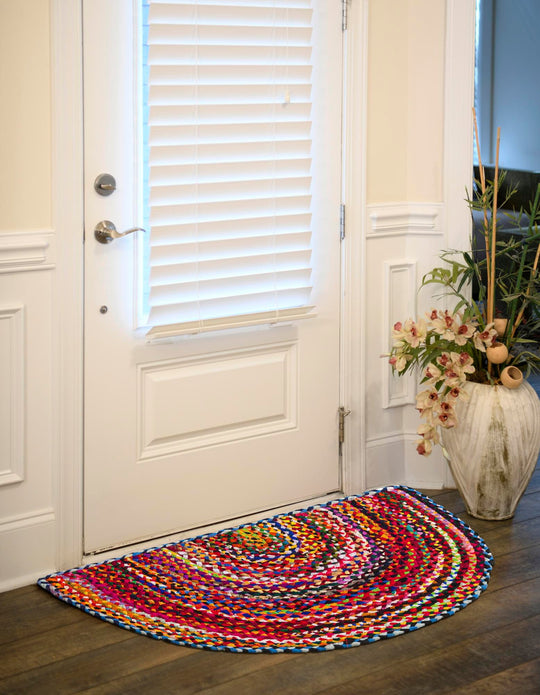 Reversible Braided Cotton Chindi Doormat, Half Round Cotton Rug for Front Door, Cotton Welcome Doormat