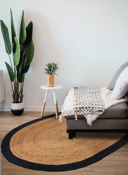Bordered Oval Jute Rug 6'x9' for Dining Table Hemp Jute Oval Area Carpet Rug