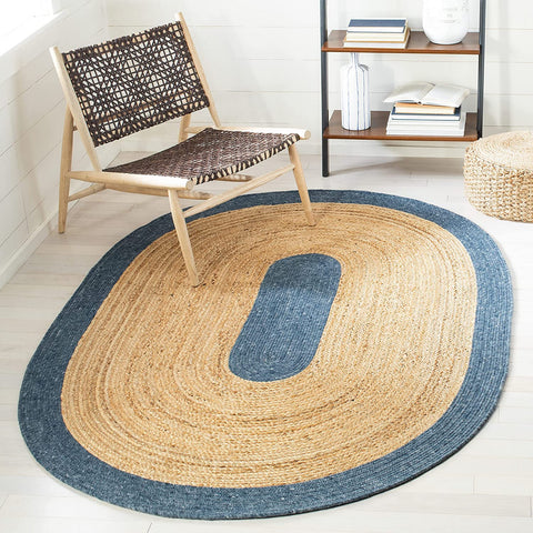 Navy Blue Oval Jute Rug 5'x7' for Bedroom Braided Oval Area Rug Carpet 6'x9'