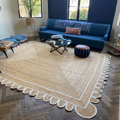 Scalloped Rug for Living Room 8'x8' | Scalloped Jute Carpet Rugs for Dining Room 6'x8'