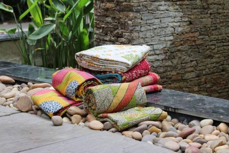 Floral Print Quilting Kantha Original Handmade Indian Floral Quilt Kantha Blanket Vintage Kantha Throw Print Kantha Handstitched Quilt
