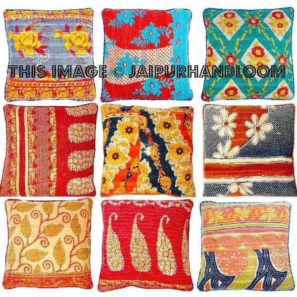 10pc Vintage Kantha Decorative throw Pillow, Kantha Pillow, Kantha Cushion Cover, Gypsy pillow, Antique Bohemian Pillow, Indian Pillow